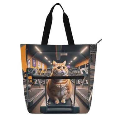 Imagem de GAIGEO Bolsa de trabalho engraçada para treino de gato gordo para mulheres, bolsas de lona para faculdade, escola, uso diário, com compartimentos