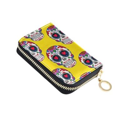 Imagem de Carteira feminina compacta com zíper, protetor de cartão de crédito, bloqueio de RFID, caveiras coloridas, floral, amarelo, zíper e porta-moedas com chaveiro