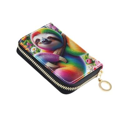 Imagem de Carteira feminina com zíper com porta-cartões, bloqueio RFID, pequena carteira masculina com bolso para moedas, preguiça fantástica