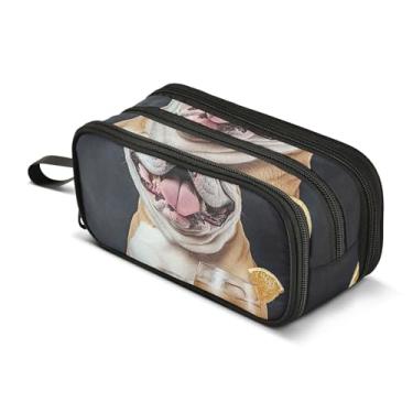 Imagem de TSENQUE Bolsa de lápis Happy Bulldog Martini de vidro com zíper, bolsa fofa para canetas, bolsas de armazenamento de lápis de grande capacidade, faculdade, escola, material de escritório