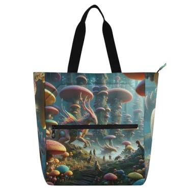 Imagem de GAIGEO Bolsa feminina Mushroom Monster para trabalho de lona escolar com zíper, presente infantil para amantes de livros