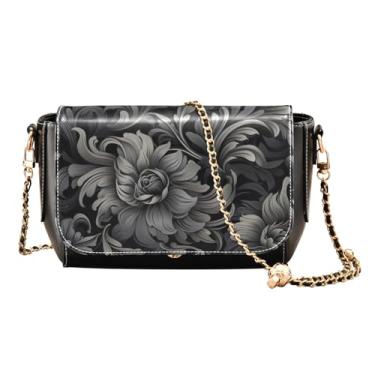 Imagem de Bolsa tiracolo feminina xadrez com estampa vermelha média, bolsa de ombro de couro ajustável com alça, bolsa tiracolo feminina de couro, Floral-4 preto e cinza, One Size