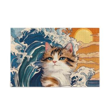Imagem de 1000 peças de quebra-cabeça de gato surfando no oceano madeira e papel combinados jogos de quebra-cabeça adulto
