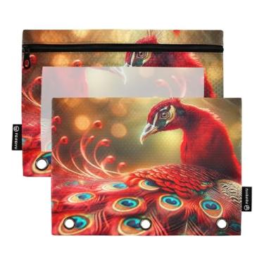 Imagem de GAIGEO Bolsa de lápis fofa de pena de pavão com 3 anéis, fichário com zíper, bolsa para lápis, caneta, trabalho, escola, bolsos, fofos, 25 x 18 cm, 2 pacotes