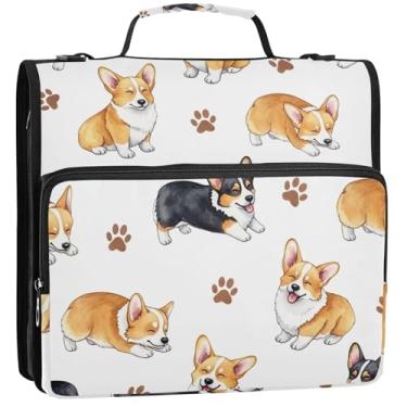 Imagem de Fichários de 3 anéis de 3 anéis resistentes para cães Corgi em aquarela com zíper bolsa organizadora de fichários escolares com alça de ombro, estojo de armazenamento fofo com alça, 34,5 x 31,5 x 9 cm