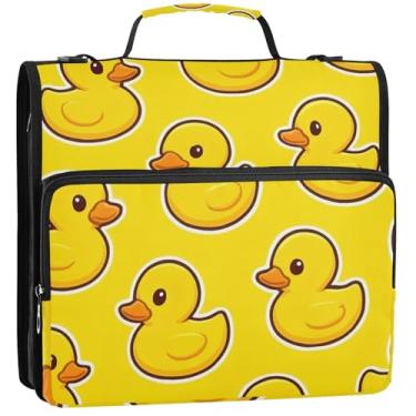 Imagem de Organizador de fichário com zíper fofo desenho animado de patos amarelos 3,88 cm, 3 anéis, bolsa rosa para fichários escolares com alça de ombro, estojo portfólio de armazenamento com alça, 34,5 x