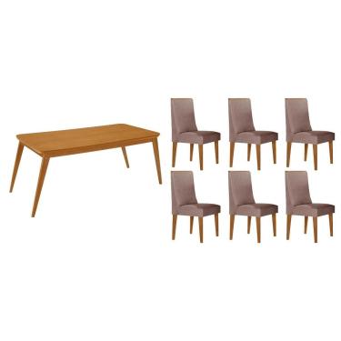 Imagem de Sala Jantar Mesa Havana Tampo Curvo 180cm+6 Cadeiras Dakota Madeira Naturale - Capuccino/Linho Capuccino - Rufato