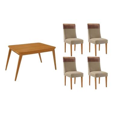 Imagem de Sala Jantar Mesa Havana Tampo Curvo 120cm+4 Cadeiras Jaspe Madeira Naturale - Capuccino/Linho Bege - Rufato