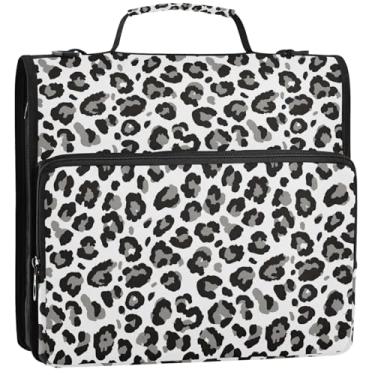 Imagem de Fichários abstratos pretos e cinzentos de leopardo de 3 cm com 3 anéis, fichário resistente com zíper, fichário organizador com alça, bolsa de ensino médio, suporte para 500 folhas, 34,5 x 31,5 x 9 cm