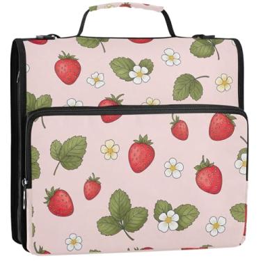 Imagem de Organizador de fichário estudantil com zíper de 3,5 cm, 3 anéis, morangos, folhas verdes, estojo de armazenamento com alça para fichários escolares com alça de ombro, 34,5 x 31,5 x 9 cm