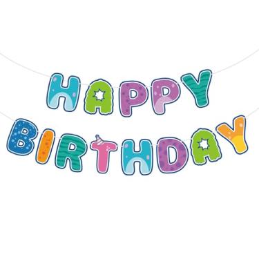 Imagem de Faixa de feliz aniversário, decoração de festa de aniversário com tema de desenho animado pré-amarrado para meninos e meninas, pano de fundo de mesa de bolo de chá de bebê e suprimentos para pendurar