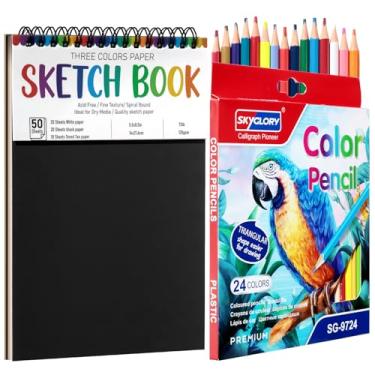 Imagem de Kit de caderno de desenho, caderno de esboço A5 com 24 lápis de cor, bloco de esboço preto de três cores, bloco de esboço sem ácido para crianças, artista, material de desenho de papel de arte para