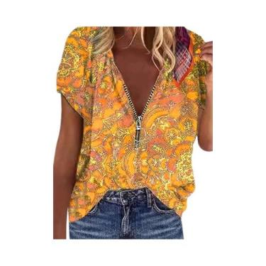 Imagem de Top com zíper impresso para mulheres, manga curta, moda feminina - NON