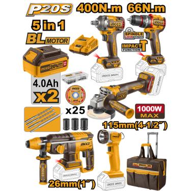 Imagem de Super Combo 5 em 1 Ingco 20v Furadeira, Martelete, Lanterna, Esmerilhadeira e Chave Impacto