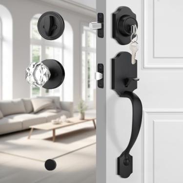 Imagem de EHOMEWARE Conjunto de fechadura de porta da frente preta fosca, exterior de maçaneta da frente, fechaduras de porta de entrada com fechadura única, ferragens resistentes, design de cristal elegante