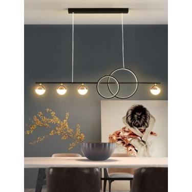 Imagem de Luminária pendente LED moderna com design em anel, dimerizável e controle remoto, altura ajustável. Luminária suspensa com LED em formato de bola creme, ideal para sala de jantar e escritóri