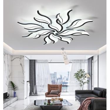 Imagem de Luminária de teto LED, regulável, para sala de estar, quarto, com controle remoto, design moderno e criativo em formato de flor, lustre de embutir para quarto (preto, 90 cm de diâmetro/72 W)