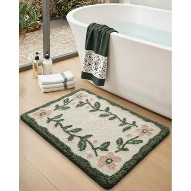Imagem de DEXI Tapetes de banheiro antiderrapantes laváveis, tapete de banho floral absorvente 50 x 81 cm, secagem rápida, tapete de chuveiro fofo de pelúcia extra macio, tapete de microfibra com folha para