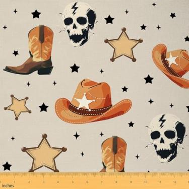 Imagem de Tecido de chapéu de cowboy da The Yard crânio humano preto cáqui estrelas grafite tecido para amantes de costura 80 botas de cowboy estilo sudoeste tecido para decoração de quarto e estofamento DIY 1