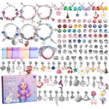 Imagem de Taybonds Kit de fabricação de pulseiras de berloque, brinquedos artesanais de joias DIY, conjunto de presente de Natal de sereia de unicórnio com pulseiras, colares e anéis