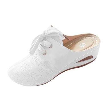 Imagem de Sandália feminina de salto plataforma com cadarço e bico fechado, casual, plus size, design vazado, sola macia, calçado de praia, Branco, 34