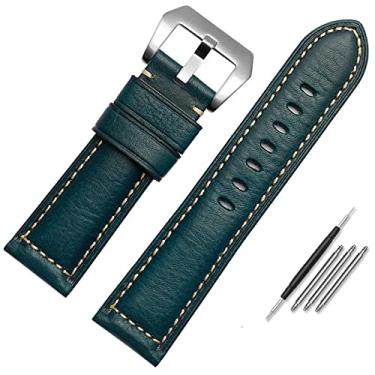 Imagem de ONECMN Pulseira de couro masculina, adequada para Panerai Seiko Citizen Jeep, corrente de couro italiano, 22 mm, 24 mm, 26 mm (verde, prata, 26 mm)