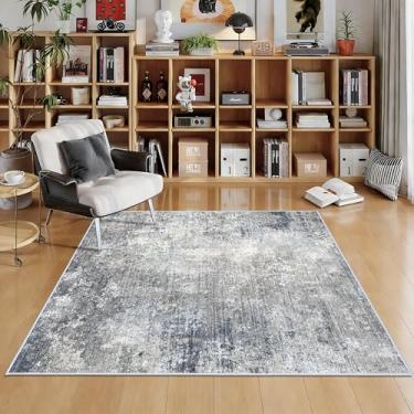 Imagem de Tapete quadrado 12 x 12 cm para sala de estar – lavável na máquina tapete antiderrapante para cozinha, entrada e banheiro – Tapete moderno neutro abstrato macio de 1,5 m (azul cinza, 13 x 14)