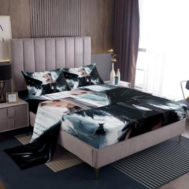 Imagem de Erosebridal Jogo de lençol solteiro de anime kawaii, anime japonês kawaii, para crianças, meninos, adolescentes e adultos, lençol com elástico para quarto de meninas, preto e branco