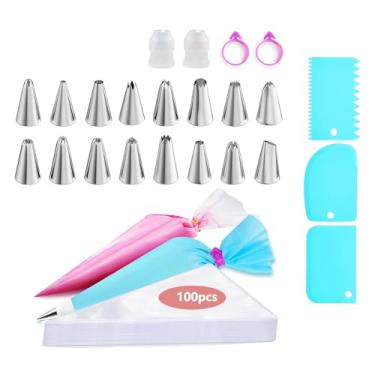 Imagem de Kit profissional de decoração de bolo de 124 peças, suprimentos completos de cobertura com 16 pontas de tubulação, 100 sacos descartáveis, acopladores e raspadores para cupcakes, biscoitos e assados