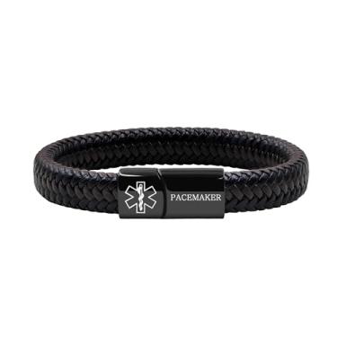 Imagem de Oneress Pulseira de alerta médico para homens e mulheres, pulseira preta com fecho de aço inoxidável para identificação de emergência, pulseira de couro PU com informações de saúde YA5551, Stainless