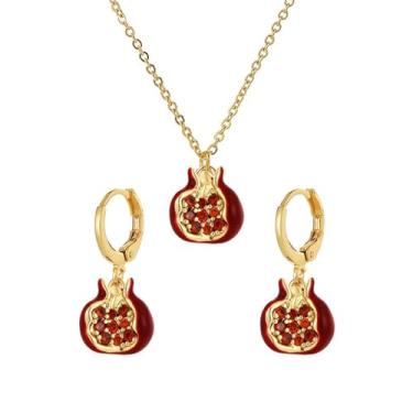 Imagem de Dreuyet Conjunto de colar de brincos de romã para mulheres delicados banhados a ouro 18 k premium CZ incrustado romã vermelha brincos de argola e colar berloque frutas personalizadas joias de