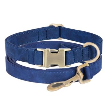 Imagem de Coleira de couro genuíno para cães – Coleira ajustável para animais de estimação com fivela de metal de liberação rápida, coleira de couro verdadeiro para cães pequenos, médios e grandes (coleira azul