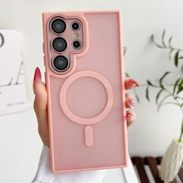 Imagem de HJZSZX Capa traseira rígida com lente de metal cinza titânio para S23 Plus com carregamento magnético (para S23 Plus/rosa)