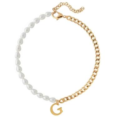 Imagem de Wellike Colar de corrente de meia pérola, meia Cuba, com iniciais, aço inoxidável, PVD, pingente de ouro 18K, gargantilha grossa de ouro com caixa de presente, Standard, Pérola, Pérola de vidro