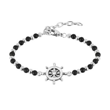 Imagem de Zordixon Pulseira masculina com contas de obsidiana e volante de navio de aço inoxidável - Tamanho ajustável 22 cm - Joias de estilo marinho