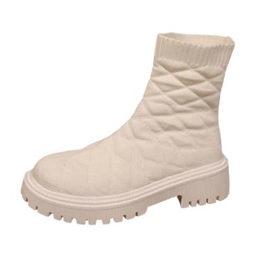 Imagem de Botas curtas esportivas femininas casuais de malha voadora com salto grosso de 5,8 cm para outono e inverno, elegante e doce, Bege, 38
