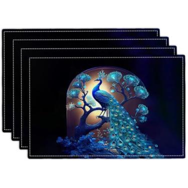 Imagem de Jogo americano de pavão azul, conjunto de 4, tapetes de mesa laváveis de dupla face para cozinha, sala de jantar, festa em casa, decoração interna, 4 peças, 30 x 45 cm