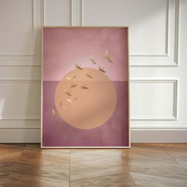 Imagem de Arte de parede rosa e dourado com estampa de pássaros do sol pôster minimalista pintura em tela para sala de estar quarto casa decoração zen sem moldura