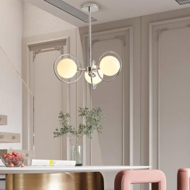 Imagem de Lustre moderno de 5 lâmpadas com acabamento em vidro leitoso, estilo medieval, com detalhes em metal cromado, decorativo e criativo, com soquete E27, ideal para cozinhas, salas de jantar, ha