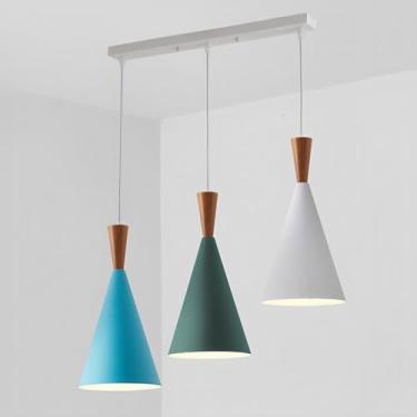 Imagem de Lustre linear moderno para sala de jantar, luminária pendente colorida de metal com 3 lâmpadas E26, ideal para quarto, cozinha e ilha.