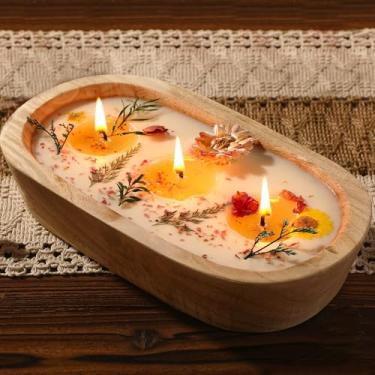 Imagem de Conelist 1 vela de tigela de massa, flores secas de verdade, cera de soja, tigela de madeira, velas para outono, dia de Ação de Graças, chá de bebê, presente de aniversário para decoração de mesa de