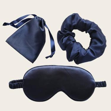 Imagem de Conjunto de 3 máscaras de dormir de cetim azul marinho - Máscara de dormir de cetim sedoso com bolsa de viagem e elásticos, essenciais de viagem para cuidados com os olhos e cabelos