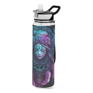 Imagem de Burbuja Garrafa de água Dreamcatcher Girl de 940 ml com tampa de palha, à prova de vazamento e livre de BPA para academia, esportes ao ar livre
