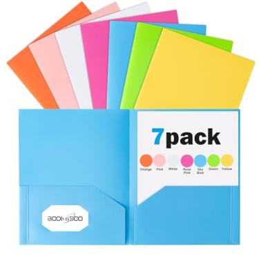 Imagem de BOOMIBOO Pastas de plástico colorido com bolsos (pacote com 7, cores brilhantes sortidas), pastas de arquivo resistentes duráveis com compartimento para cartão de visita, 2 pastas de bolso para