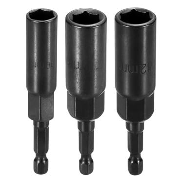 Imagem de HARFINGTON 3 peças de broca de chave de porca 10 + 11 + 12 mm soquete métrico 1/10.2 cm haste sextavada 3,15" (80 mm) soquetes extra longos de 6 pontos de troca rápida conjuntos de parafusos de aço