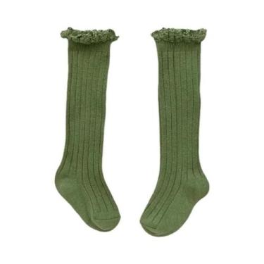 Imagem de Meias De Algodão Macio Com Renda E Flores Para Meninas, Até O Joelho, 