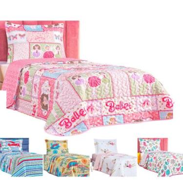 Imagem de Kit Colcha cama box solteiro infantil cobre leito dupla face cores mat