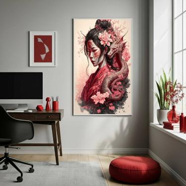 Imagem de Quadro Decor Mulher Gueixa Dragão 70x50cm Mold Preta