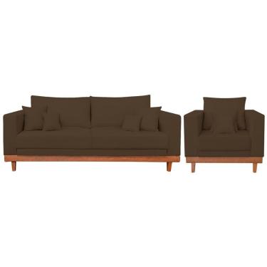 Imagem de Kit 1 Poltrona Living + Sofá Reforçado Madeira Tecido Suede