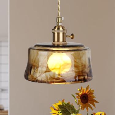 Imagem de JC TOPA Luzes pendentes de vidro, ilha de cozinha, regulável, mini pingente de iluminação âmbar abajur de vidro para cabeceira, sala de jantar, hall de entrada, latão